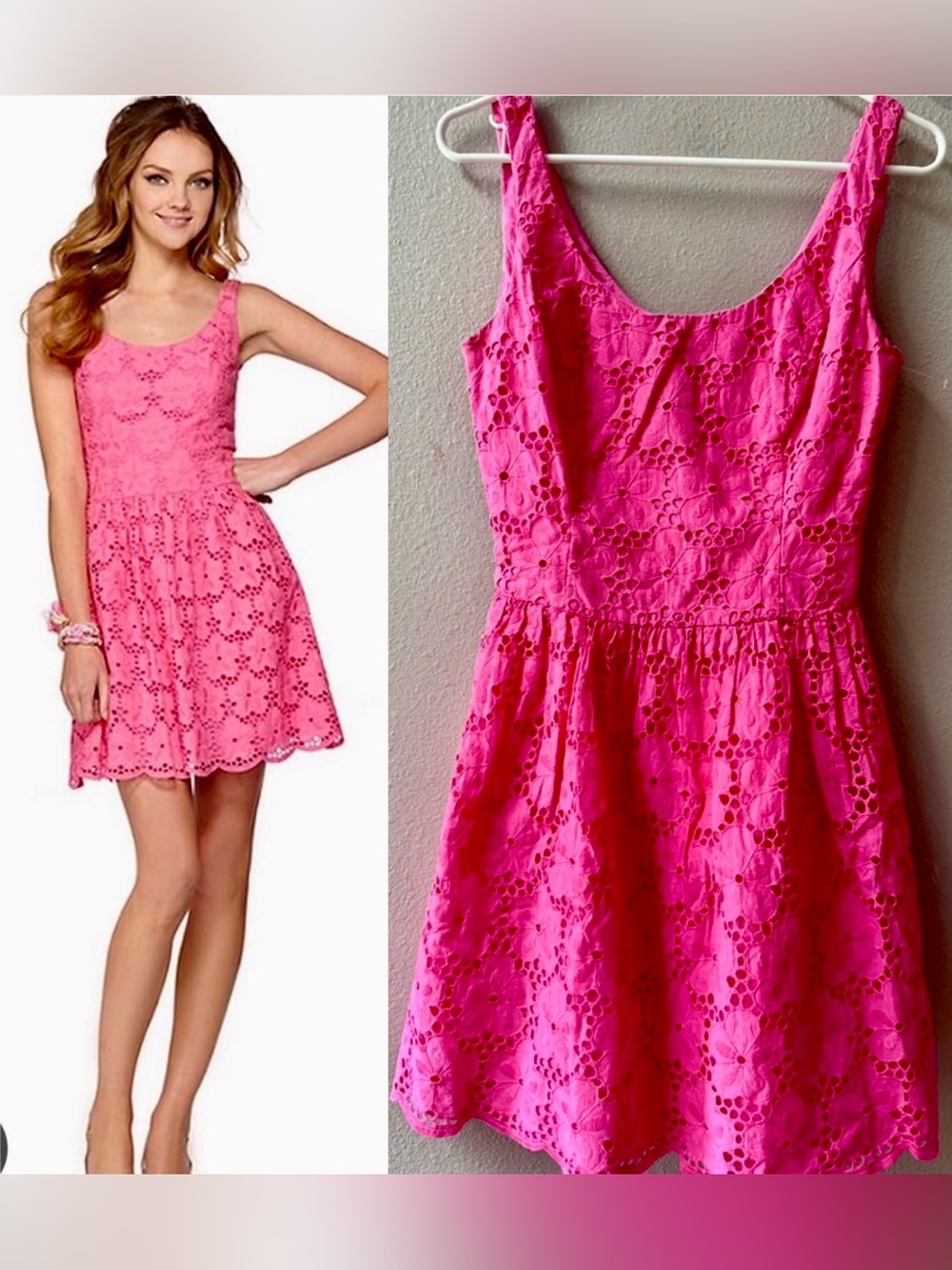 Lilly Pulitzer "Calhoun" Dress 100% Cotton Hot Pink Floral Eyelet Design Size 4